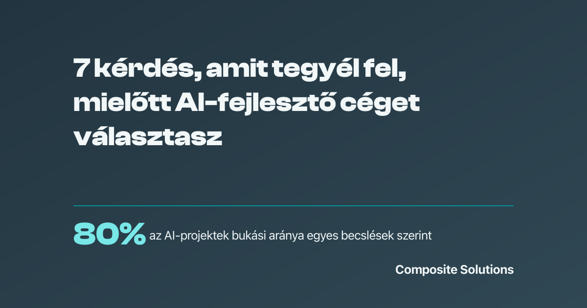 Hét kérdéskártya rácsba rendezve, közülük egy kiemelt teal színű kártya jelöli a jó választ az AI-fejlesztő cég kiválasztásánál.